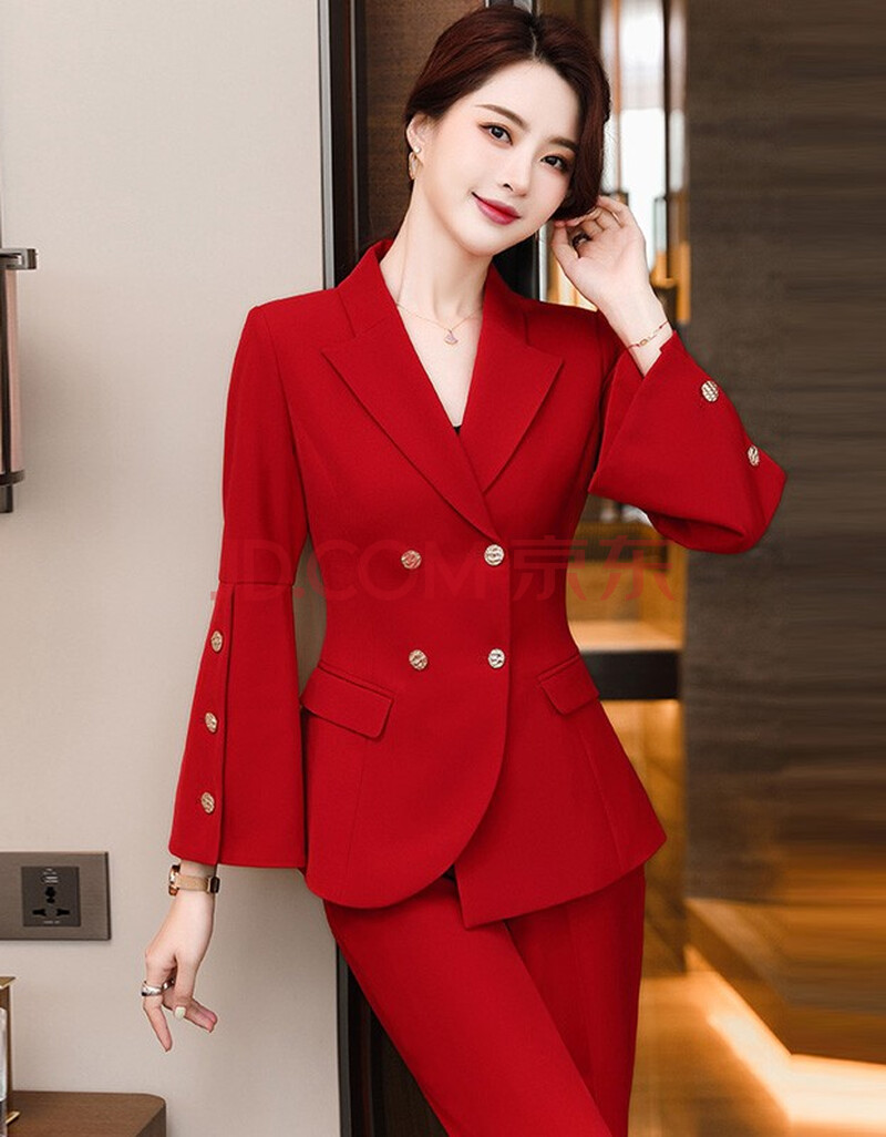 春秋新款时尚高端设计感职业装气质女神范喇叭袖西服外套 红色西装 l