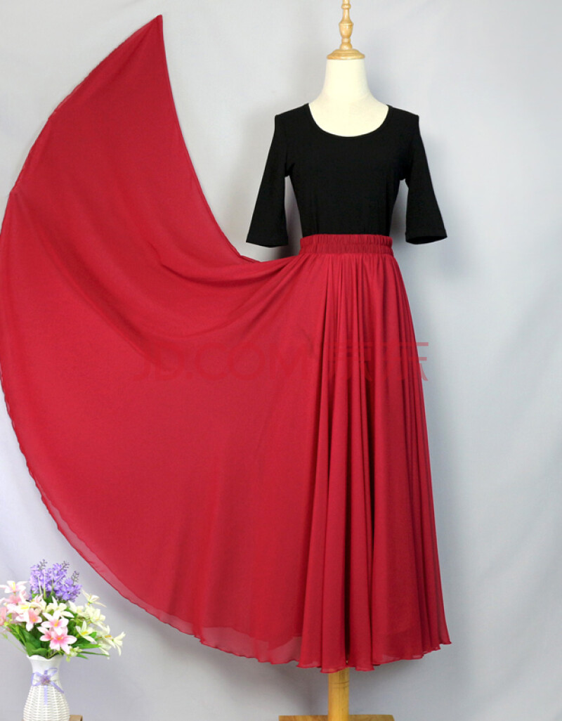 跳舞表演穿的广场舞服装裙子半身中长裙720度雪纺女红色新疆舞舞蹈裙