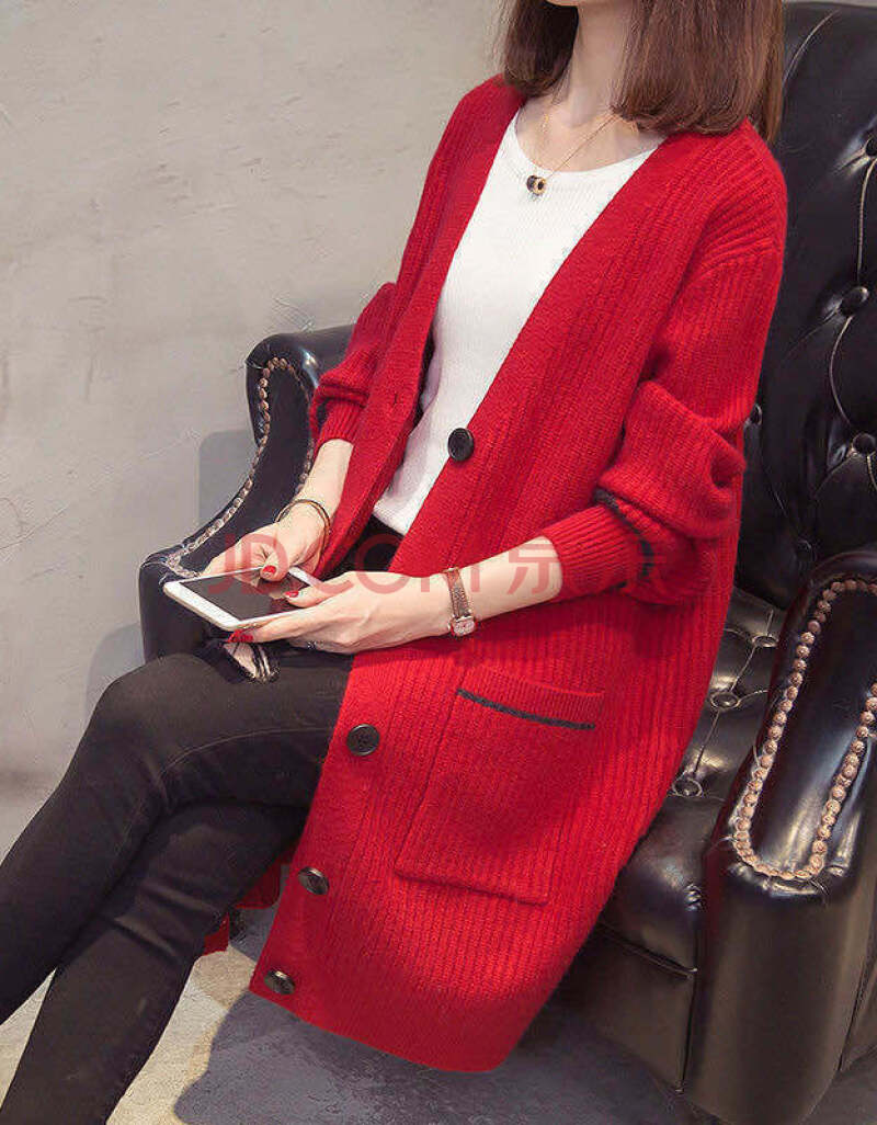 韩版v领开衫女外套2020秋冬季新款时尚大码毛衣外搭中长款针织衫 红色