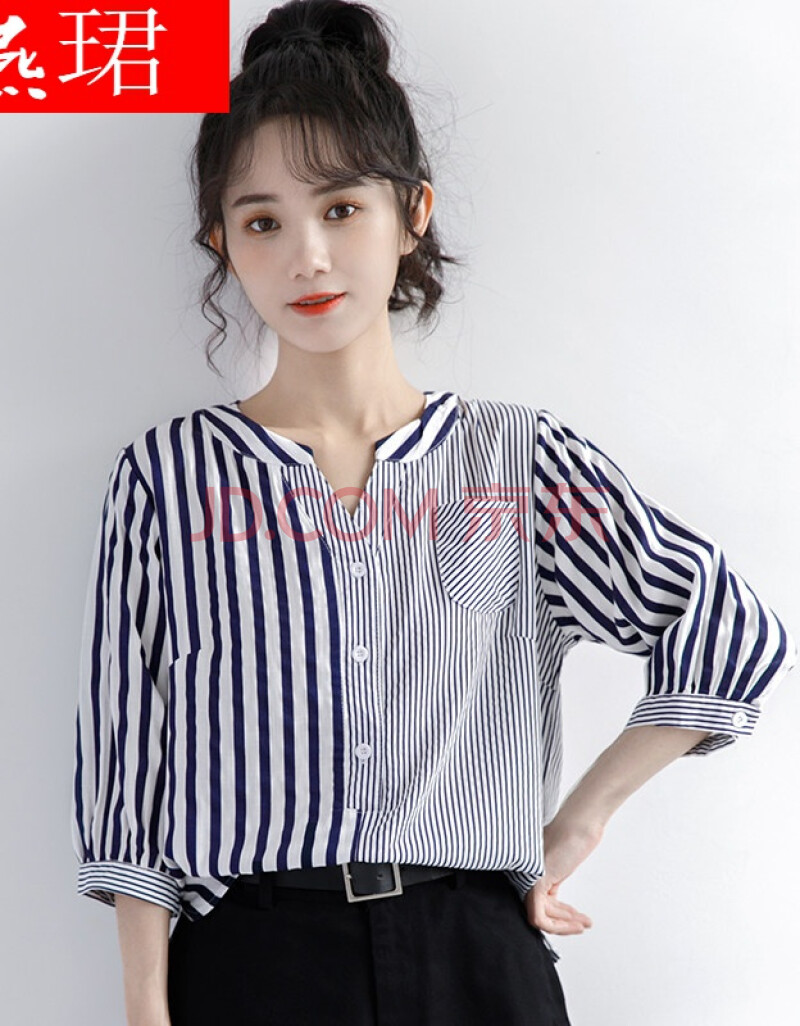 不规则条纹短袖衬衫女夏小众设计感立领衬衣韩版宽松上衣抖音网红藏