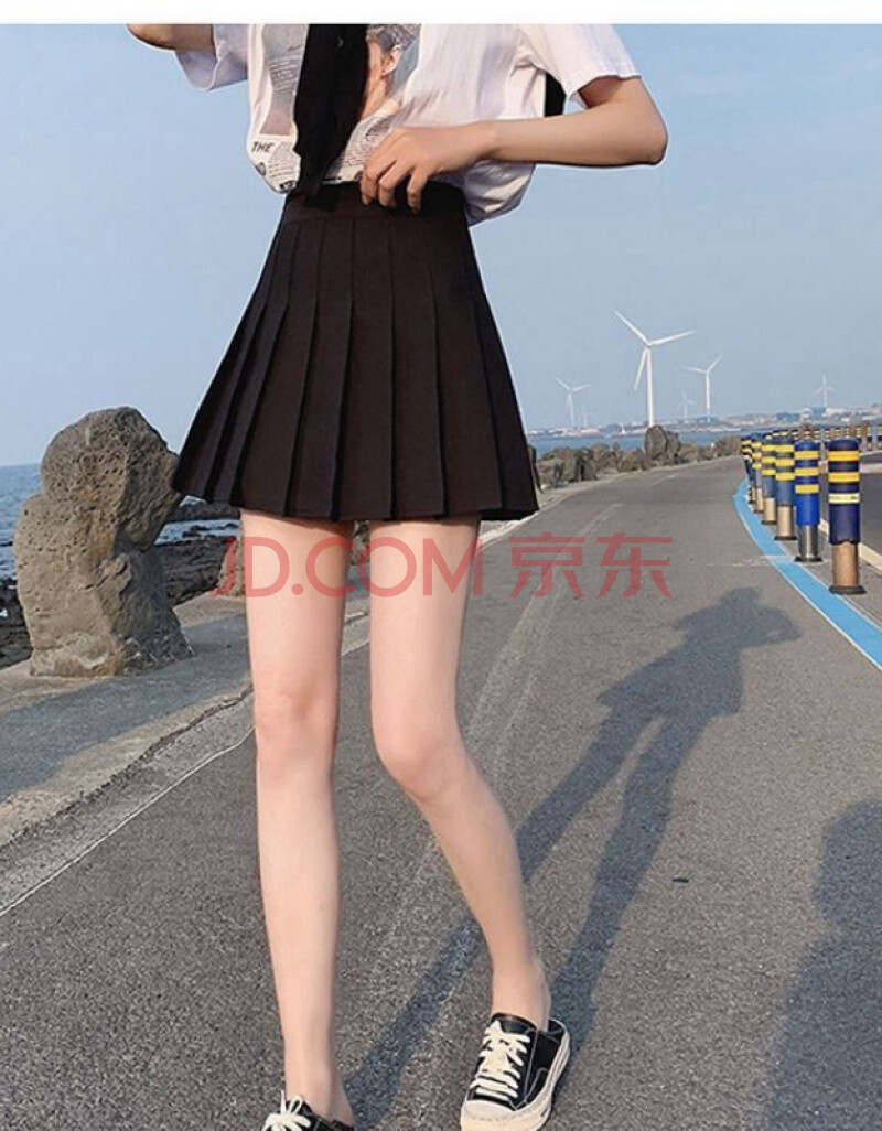 新款春秋高腰百褶裙显瘦防走光短裙a字裙日系学院风纯色少女裙 黑色