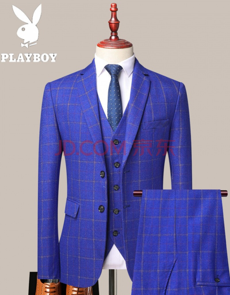 西服格子套装韩版商务修身2021新款中青年男士西装三件套 蓝色双扣三