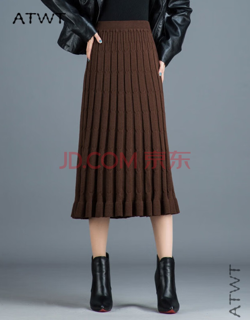 百褶裙中长款女半身裙2021秋冬新款长裙加厚高腰a字毛线裙子 咖啡色 l