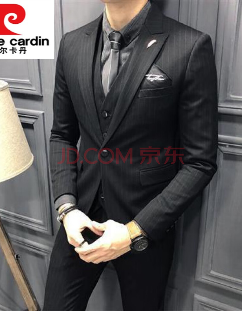 西装男套装休闲帅气英伦商务潮流修身条纹西服结婚礼服针织 黑色(外套