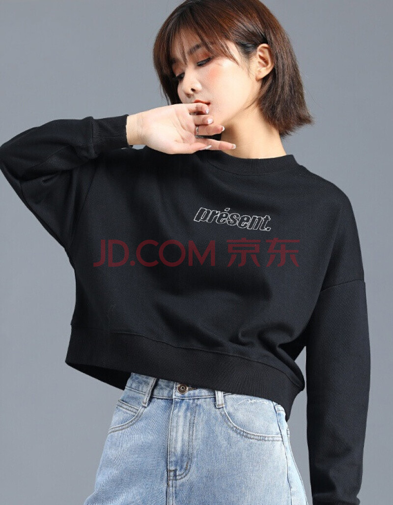卫衣女士短款新款ins潮酷宽松韩版无帽圆领不带帽加绒秋装上衣 黑色单