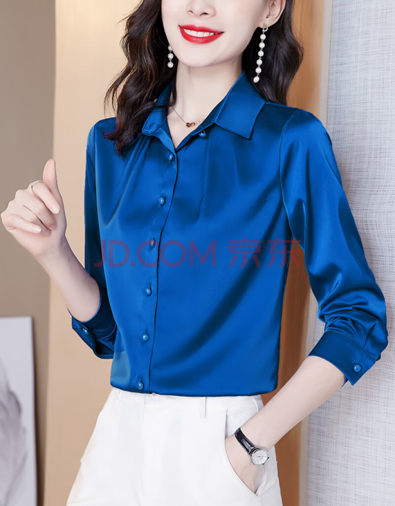 品牌女装一线品牌出口客供撤柜衬衣内搭重磅真丝桑蚕丝衬衫女 蓝色 s