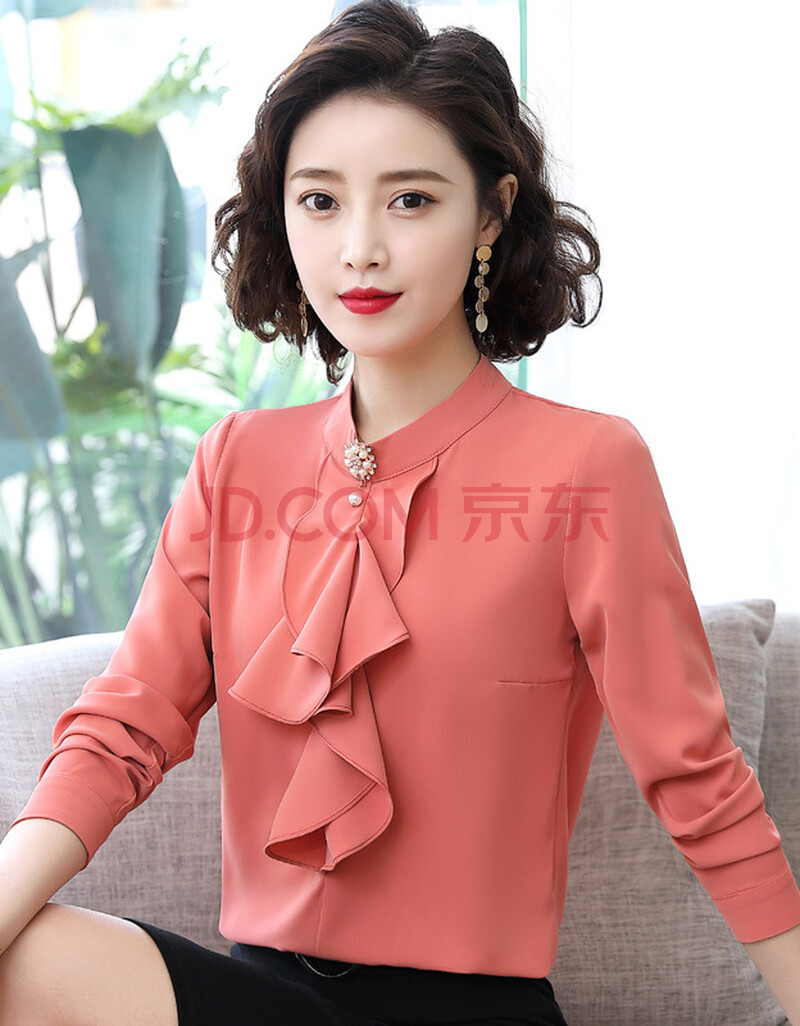 春季新款女装雪纺衬衫长袖女韩版时尚优雅立领常规袖边衬衣洋气小衫