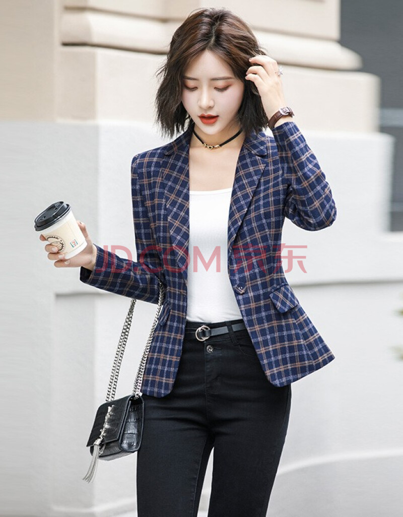 格子小西装女外套女春秋装新款chic休闲大码上衣短款西服女士正装 蓝