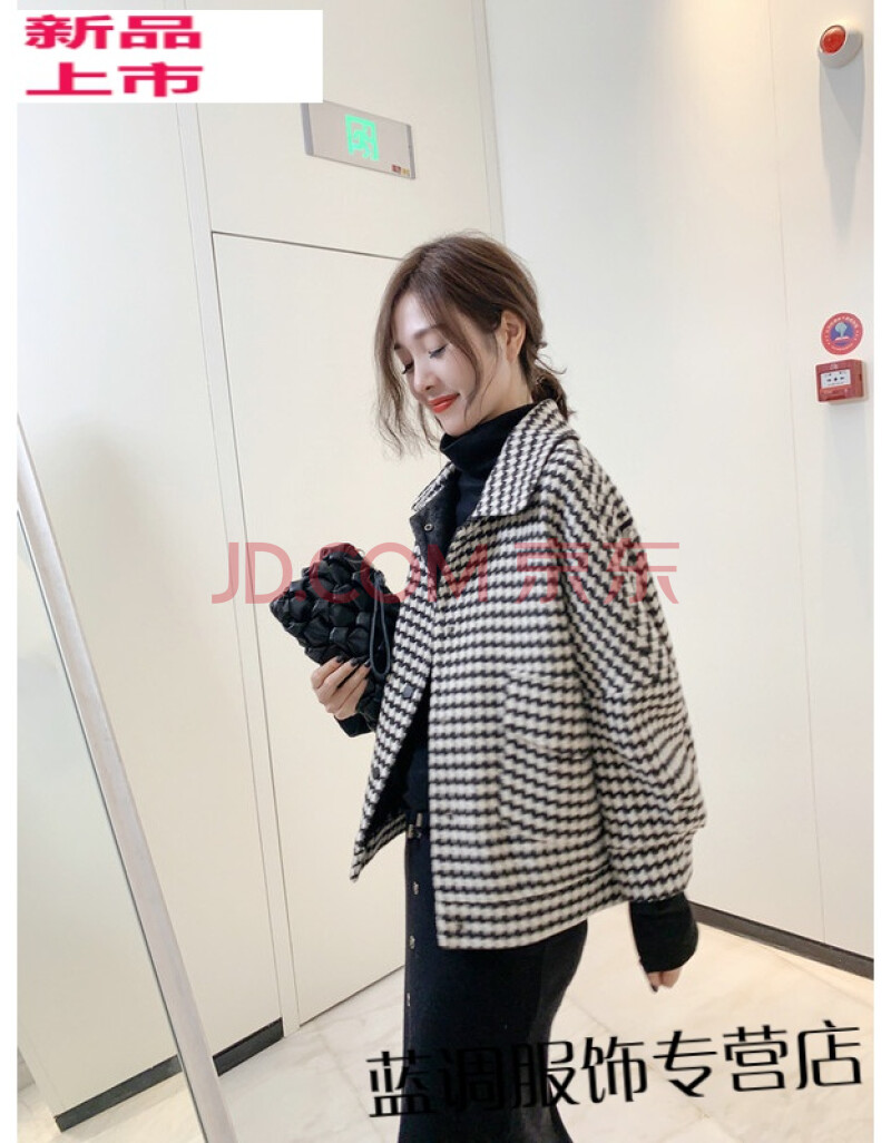 呢子大衣女冬装2019新款千鸟格毛呢外套女短款百搭时尚韩版呢子大衣潮