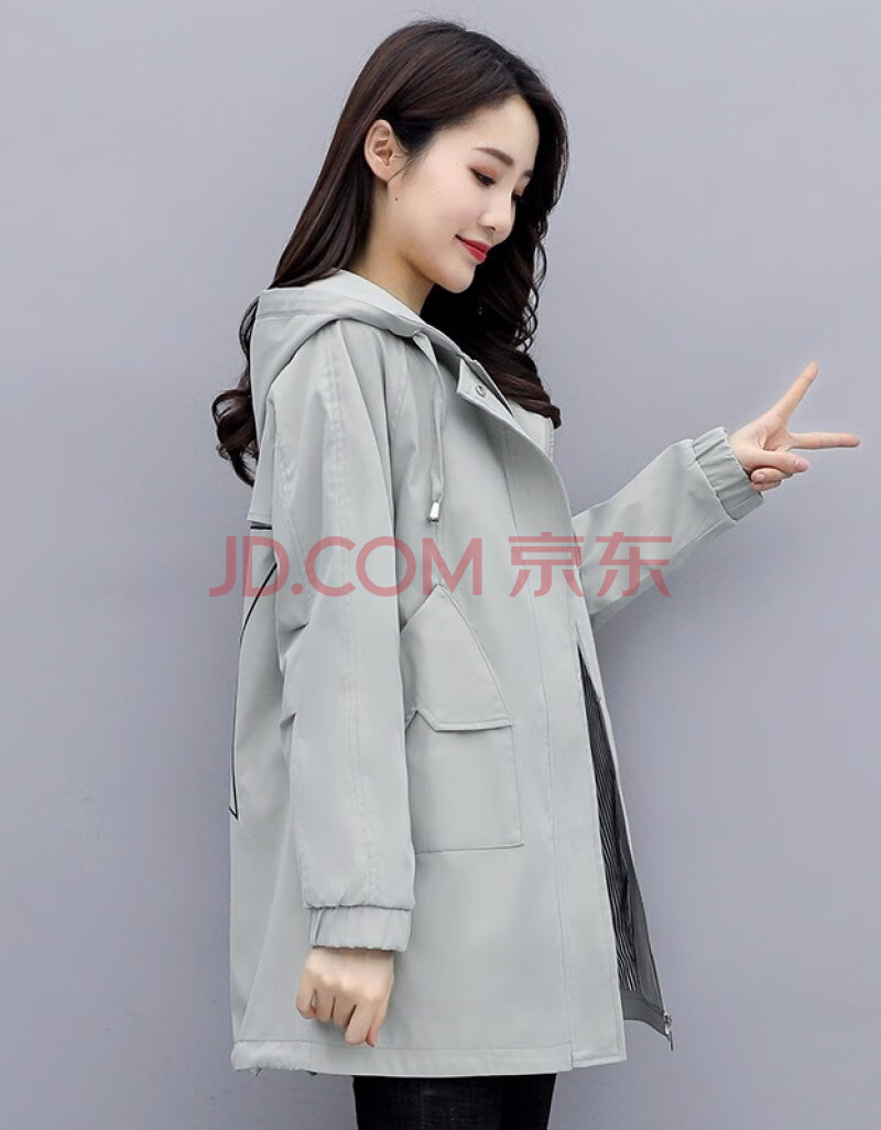 春装风衣女中长款韩版宽松显瘦休闲连帽刺绣大衣女春秋时尚气质外套