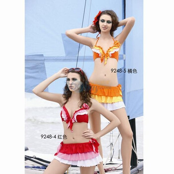 奇海女士游泳衣分体三件套红色L码QH92484