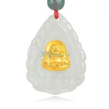 lux-women天然翡翠A货镶千足金配精美韩式编绳宝宝项链佛保平安 赠质检证书