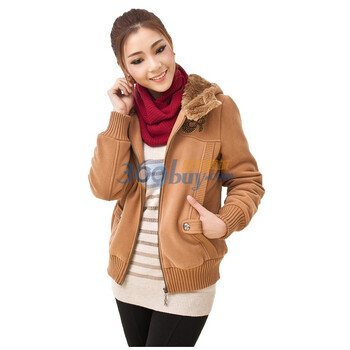 洛熙 RR 冬装抓绒修身连帽女开衫卫衣短外套1129067 驼色 均码