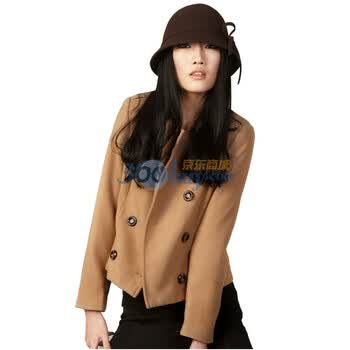 拉维亚 2011新款冬装女装 双排扣修身短款毛呢外套英伦女WW18卡其色L