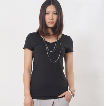 Gecom 杰衣谷 新款2012夏季款 女款 时尚修身百搭休闲T恤 V领基本款女式T恤01030114 黑色 均码