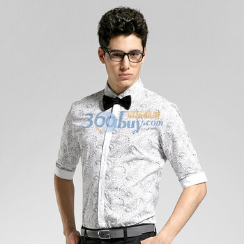 夏季新品 GXG 男士时尚白底黑花修身短袖衬衫#02123031 浅灰色 XXL
