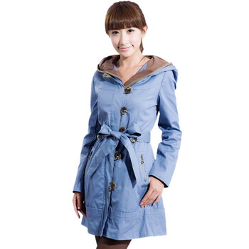 妮蕾迪 秋冬装新款女装休闲宽松带帽风衣配腰带8022 蓝色 XXL