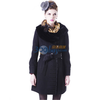 玛汐 Maxchic 2011秋冬 新 大毛领中长款修身羊绒 毛呢外套 Q12009S11M 黑色 XXL