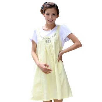 优贝喜正品夏季孕妇装韩版孕妇裙夏装新款前胸烫钻假两件休闲U182 浅黄色 L
