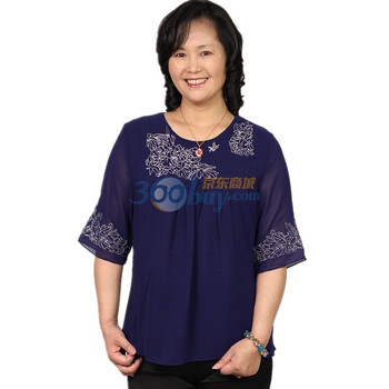 露西法兰 2012中老年女装夏装新款 中袖绣花雪纺T恤 JS-B-5雪纺 深蓝色 XXXL