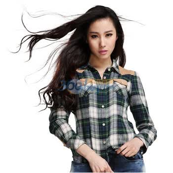 Aozi奥姿 2012春装 新款女装欧美修身翻领长袖格子棉衬衫ZSQY0064 绿色 M