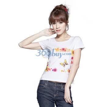 百依秀子 四方花时尚印花短袖女T恤2012-B228 白色 L