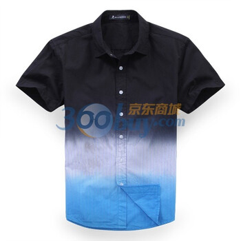 彬伊奴bindwood夏季新款男士休闲纯棉渐变竖条纹短袖衬衫3291509 湖兰 XXL