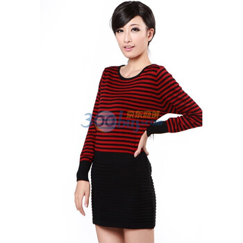 Tomnrabbit 韩版女装精品 海军风 圆领长袖条纹针织连衣裙 毛衣裙 TM147 暗红 均码