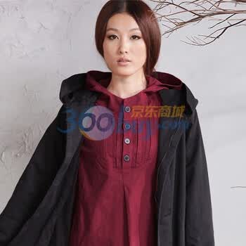茵曼 INMAN 2011秋冬装新款全棉长款加大连帽风衣外套W3916 黑色 L