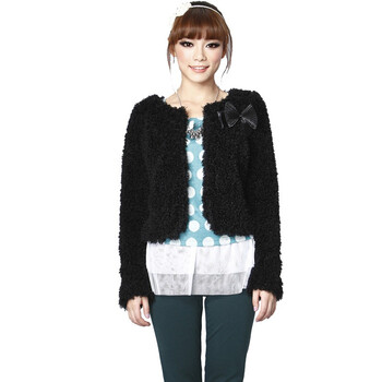 TT.COLOR 春季新款女装 韩版复古 大圆领 蝴蝶结 毛绒短外套 J60 黑色 L