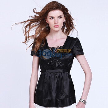 名人瑞裳 Mrrs 2012新款女装 夏装 韩版蕾丝V领蝴蝶结时尚T恤1599. 黑色 XXL