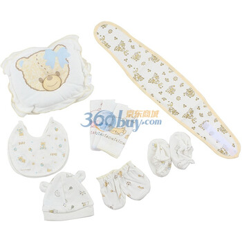巧尼熊新生儿用品7件套(帽子 手套 脚套 口水巾 手巾 定型枕 肚围) 3299 印黄 52码