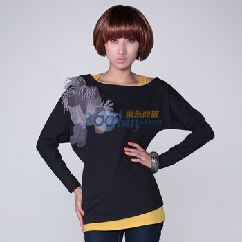 裂帛 2011新品春装贴布绣蝙蝠袖长袖T恤 在一起2515 黑色 M