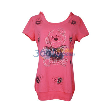 新珑新 SLS 夏装新款时尚可爱卡通小熊连帽T恤韩版女装9052 红色 M
