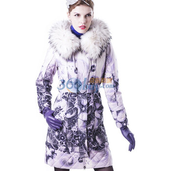 玛汐 Maxchic 2012新春夏女款 冬装 中长款貉子毛领印花女款超保暖加厚羽绒服 D61001S11M 紫色 XXL