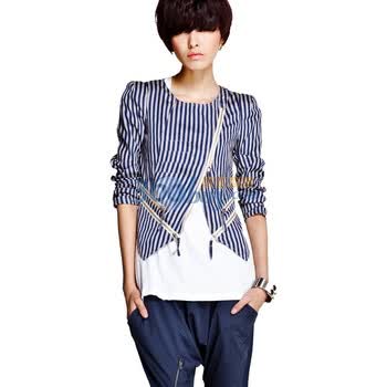 七格格【潮牌OTHERMIX】长袖条纹斜拉链短外套 12L30013 蓝色 XL