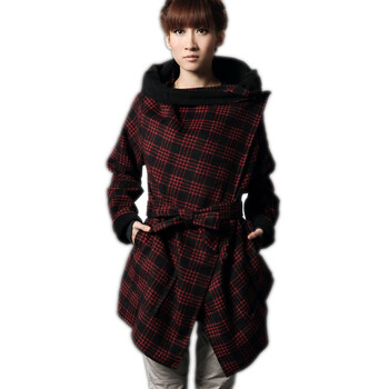十衣素 新品/韩版女装/格子呢大衣N935 红色 均码