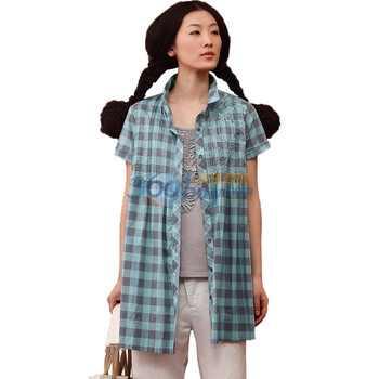 茵曼INMAN2012夏装新款前幅绣花短袖格子纯棉女衬衫822013336 蓝色 XXL