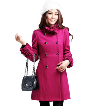 Asinrar 阿西娜女装冬新款立领木耳边长款修身毛呢外套AW1263 玫红色 L