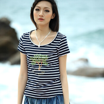 特尚莱菲2012夏装新款韩版女装修身条纹圆领短袖T恤FHY5001 深蓝色 L
