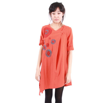 衣色色YISESE 民族风女装棉麻刺绣花长衫 七分袖斜下摆V领森女系2012大码夏款连衣裙Y0627 桔色 大均码XL(适?