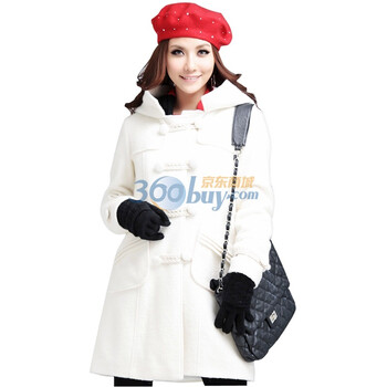 Asinrar 阿西娜女装冬装双排扣连帽加厚毛呢外套大衣AW1198 白色 L