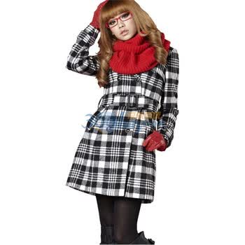 TT.COLOR 冬季新款女装经典复古双排扣配腰带格子呢料大衣 D43 黑白格 L