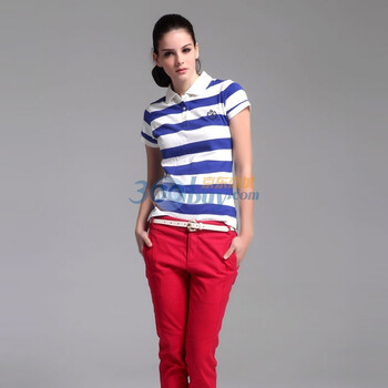 敦印Doin 2012新款 纯棉翻领学院风刺绣多色女款POLO衫 T30010 白蓝条 XL
