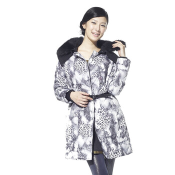 雅鹿 蓝冰女貉子毛领豹纹中长款羽绒服可拆毛领 ^@^BA67120 灰斑色 XXL