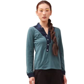 茵曼 INMAN 2012新款春装拼接梭织V领亚麻长袖T恤女821021088 绿色 xxl