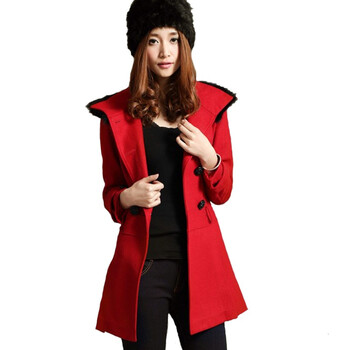 EyesonU 2012新精品立领修身百褶裙秋冬毛领女士大衣外套D514 红色 XL
