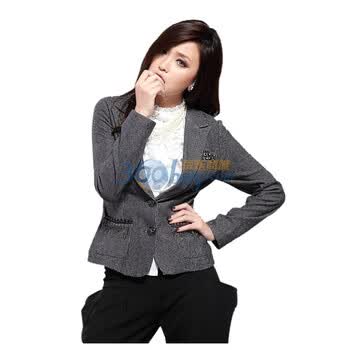 欧妍 OUYAN 欧美秋冬纯棉流苏时尚修身条纹长袖女款西装外套OD1151 黑色 XL