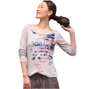 茵曼 INMAN 2012新款春装印花圆领大码打底衫长袖T恤女 821021108 浅灰色 xxl