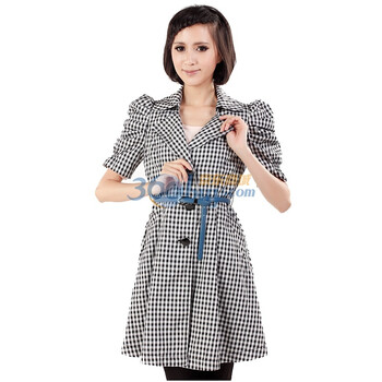 天恩 T.EN 女装 春装新款 格子 中袖时尚修身风衣 0111F1401 腰带为宽 黑格/0A L/40